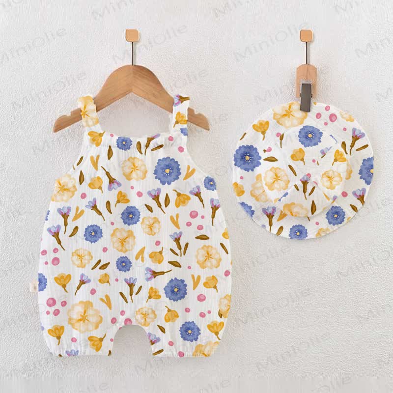 Baby White Flower Print Romper with Hat - White - 18-24M - image 1