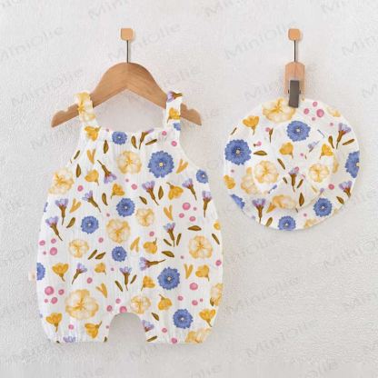Baby White Flower Print Romper with Hat - White - 18-24M - image 1
