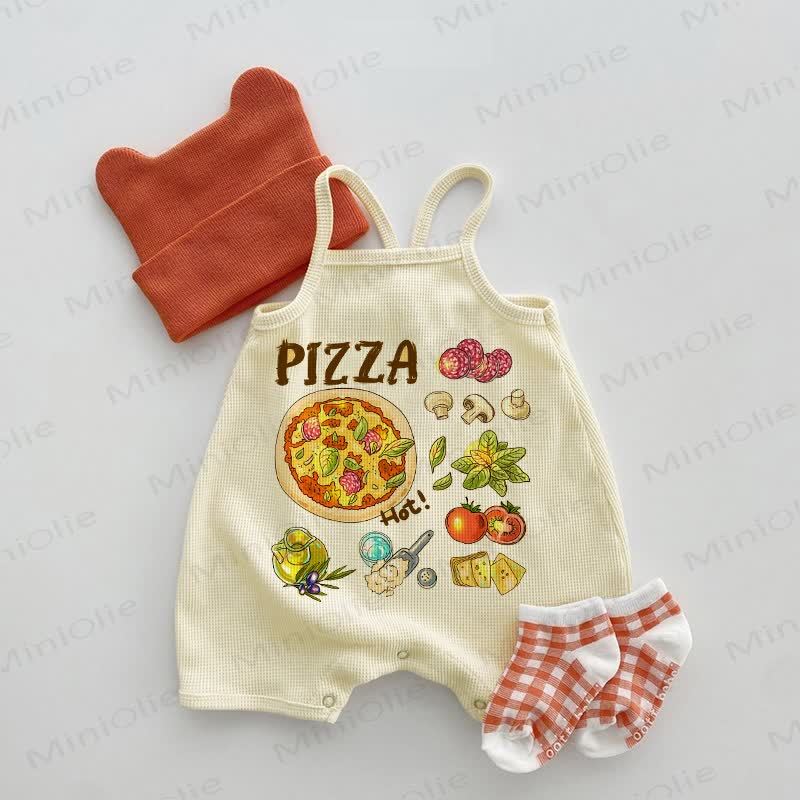 PIZZA HOT! Baby Food Print Beige Waffle Suspenders Romper - Beige - 18-24M - image 1