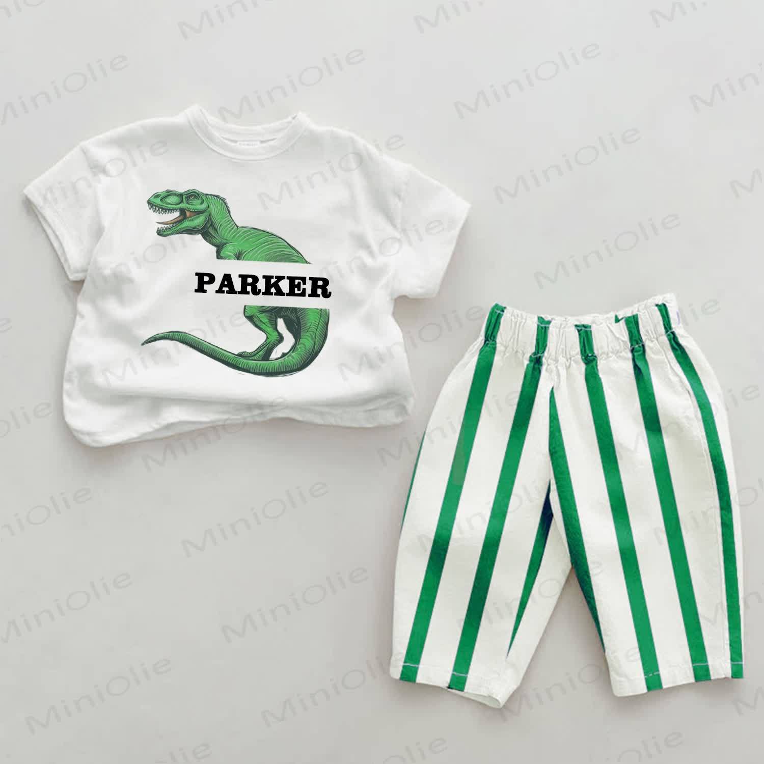 Personalize Green Dinosaur Baby Name Customization Green Striped 2-piece Set - image 1