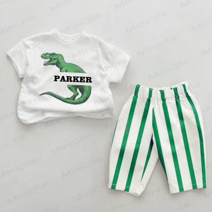 Personalize Green Dinosaur Baby Name Customization Green Striped 2-piece Set - image 1