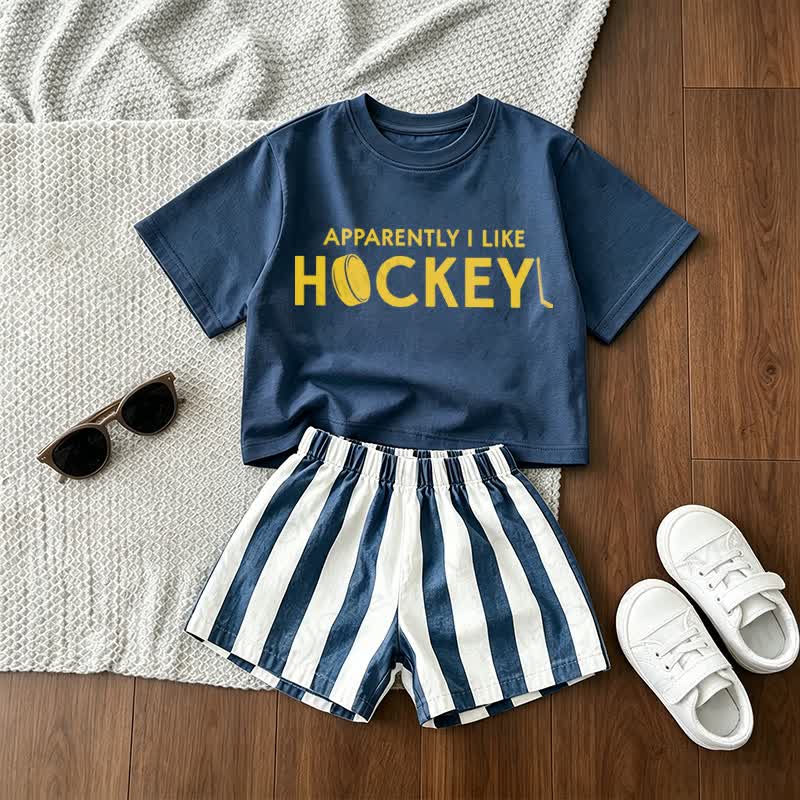 APPARENTLY I LIKE HOCKEY Baby Blue Tee and Striped Shorts 2-Piece Set - Blue - 3-5T - image 1