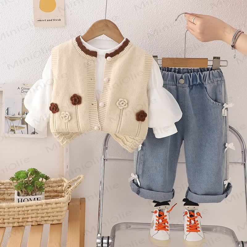 Baby Toddler Girl Flower Bow 3-piece Set - Light Khaki - 3-5T - image 4