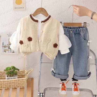 Baby Toddler Girl Flower Bow 3-piece Set - Light Khaki - 3-5T - image 4