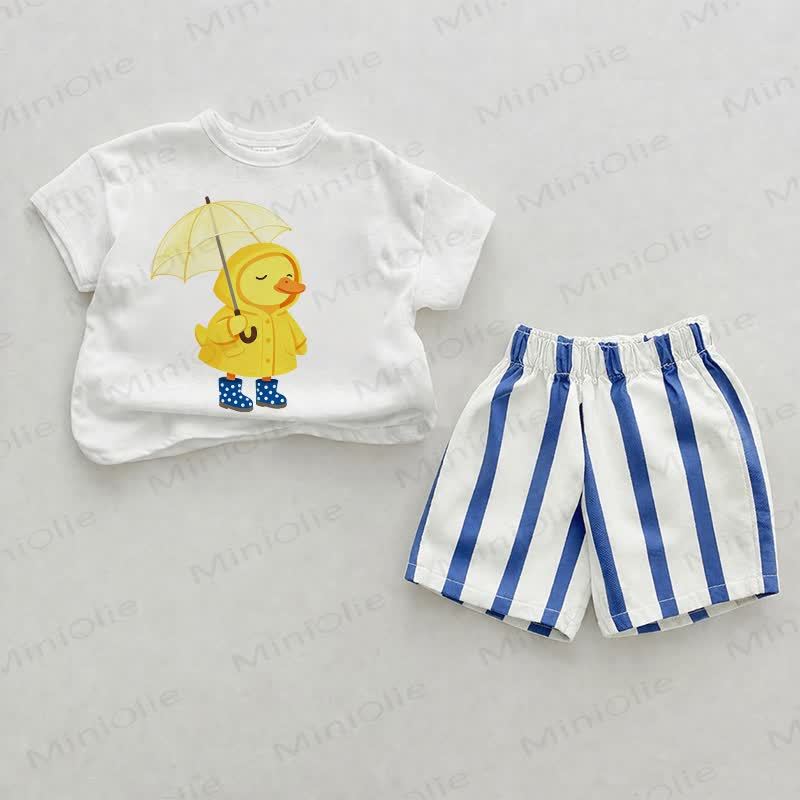 Baby Duck Print Blue Vertical Striped 2-piece Shorts Set - White&Blue - 2-3T - image 1