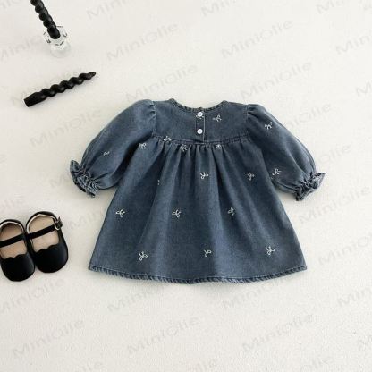 Girls Bow Embroidered Denim Dress - image 3
