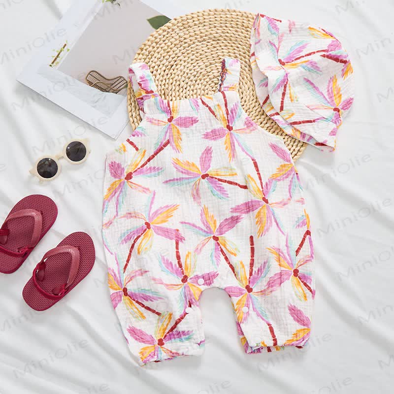 Baby Palm Tree Print White Jumpsuit with Hat - image 5