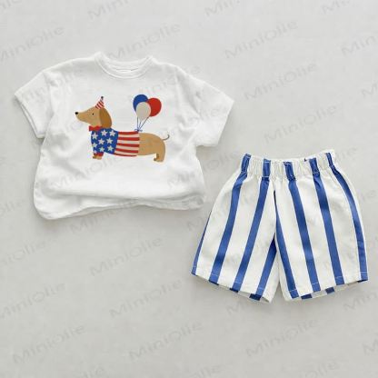 Baby Dachshund Vertical Striped 2-piece Shorts Set - White&Blue - 2-3T - image 1