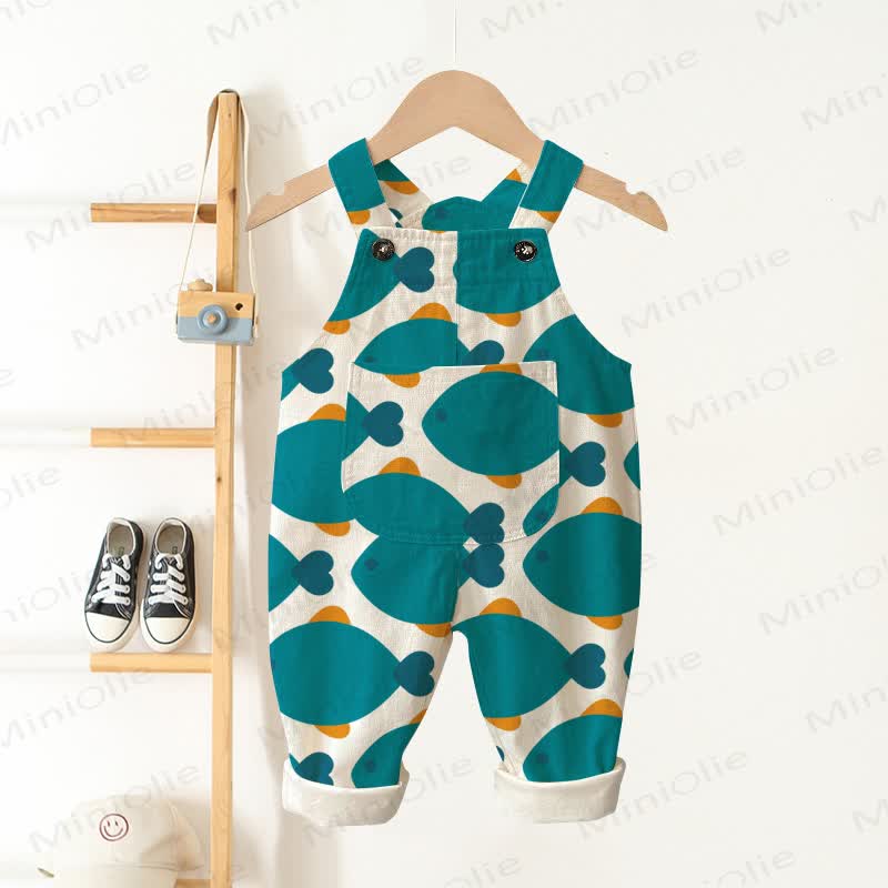 Baby Toddler Beige Fish Print Overalls - Beige - 3-5T - image 1