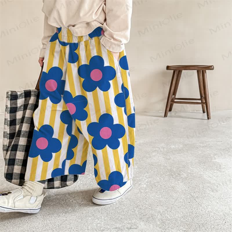 Baby Blue Flower Color Block Vertical Striped Pants - White&Yellow - 2-3T - image 1