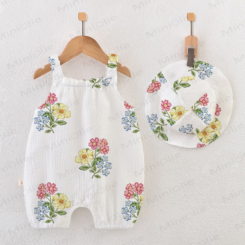 Baby White Floral Strap Romper with Hat - White - 18-24M - image 1