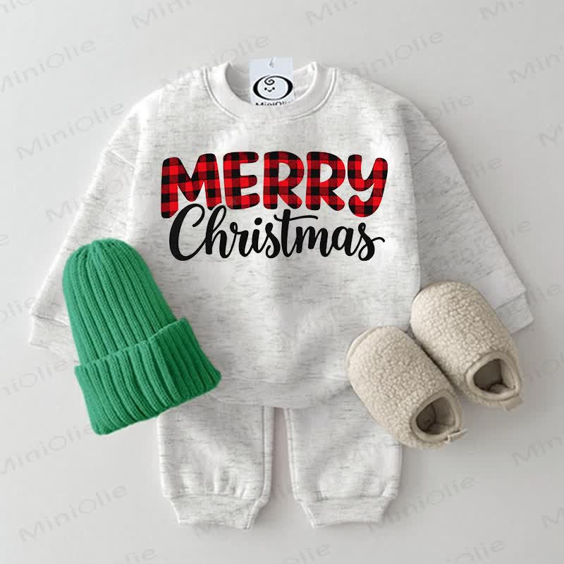 MERRY CHRISTMAS Baby Plaid Print Sweatshirt 2-piece Set - Light Grey - 2-3T - image 3