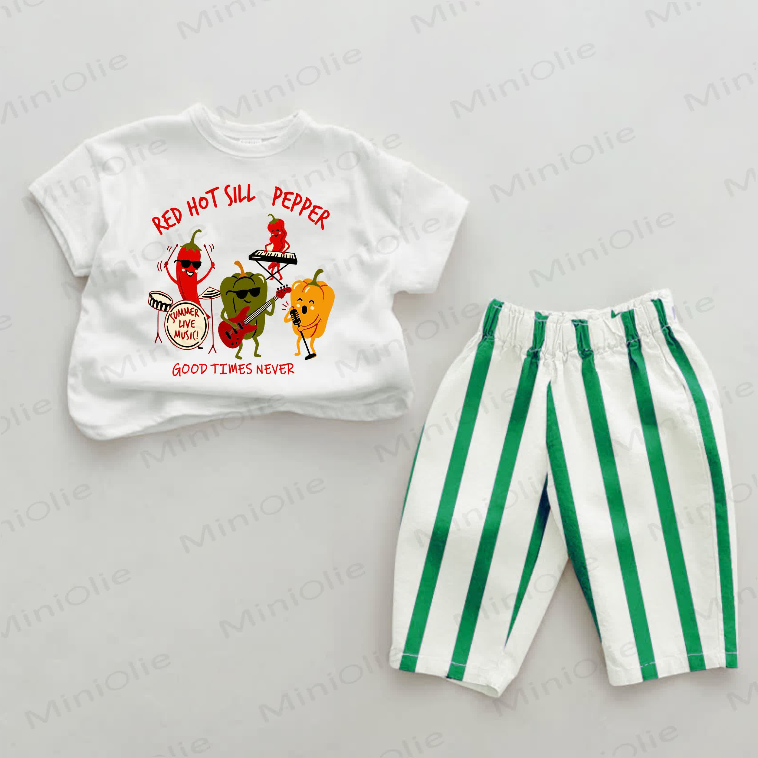 RED HOT SILL PEPPER GOOD TIMES NEVER Baby Pepper Print Green Striped 2-piece Set - Green&White - 2-3T - image 1