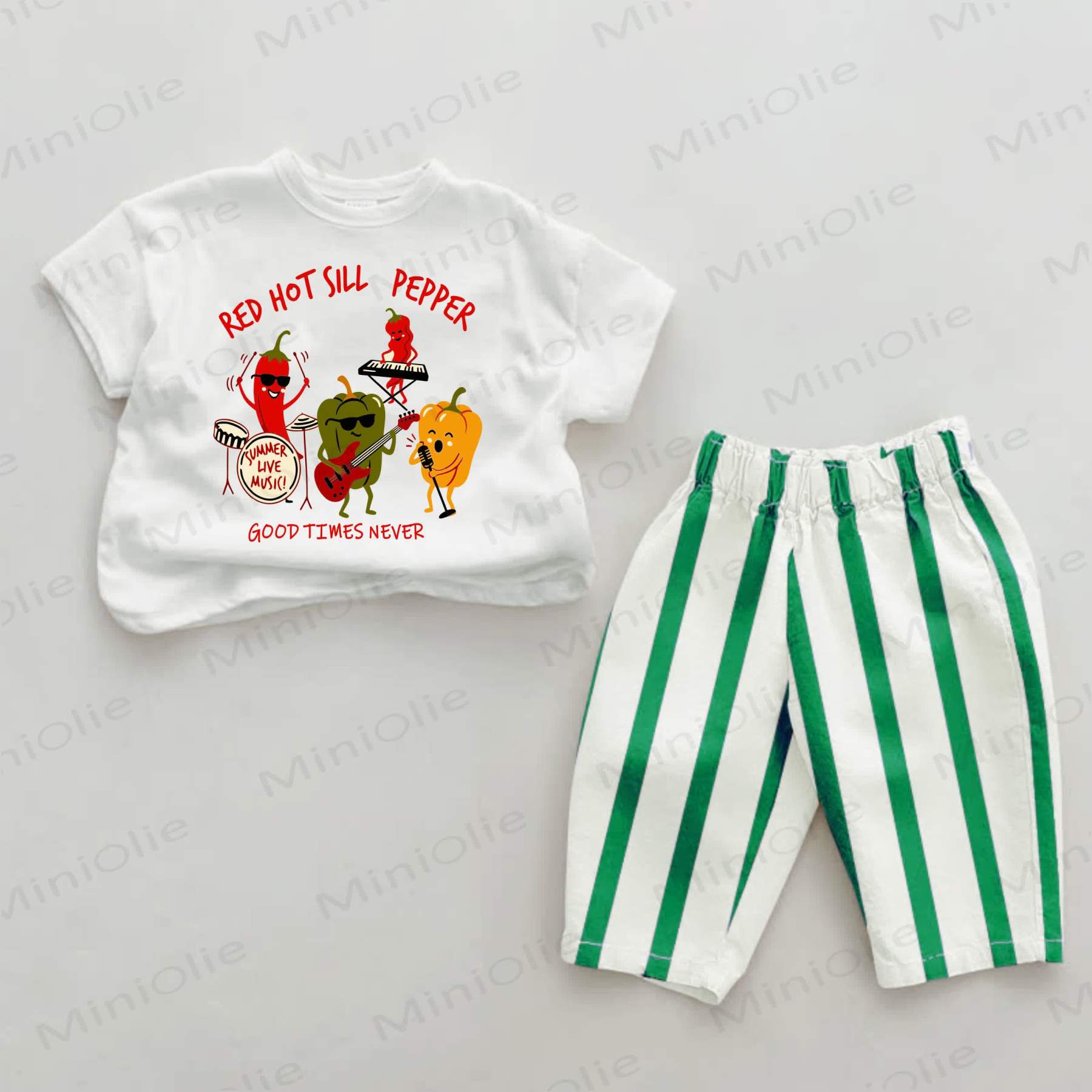 RED HOT SILL PEPPER GOOD TIMES NEVER Baby Pepper Print Green Striped 2-piece Set - Green&White - 2-3T - image 1