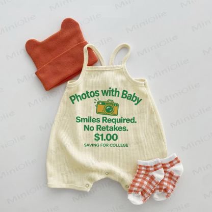 PHOTOS WITH BABY SMILES REQUIRED. NO RETAKES. $1.00 SAVING FOR COLLEGE Baby Beige Waffle Suspenders Romper - Beige - 18-24M - image 1
