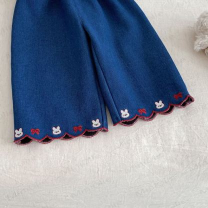 Baby Toddler Embroidered Bunny Bow Fleece Denim Pants - image 6