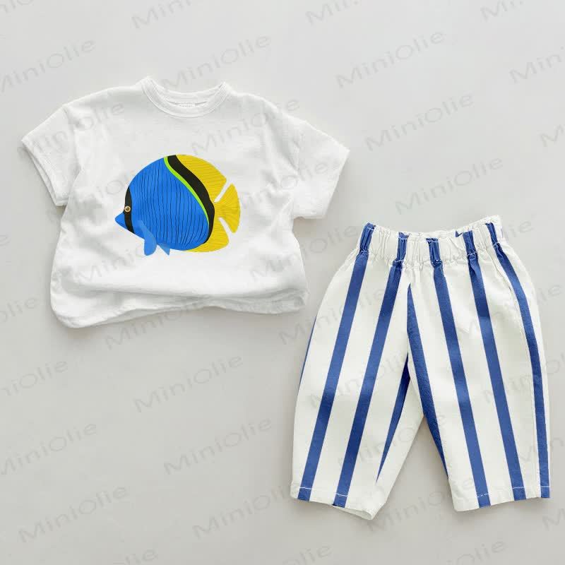 Baby Fish Print Blue Vertical Striped 2-piece Set - White&Blue - 2-3T - image 1