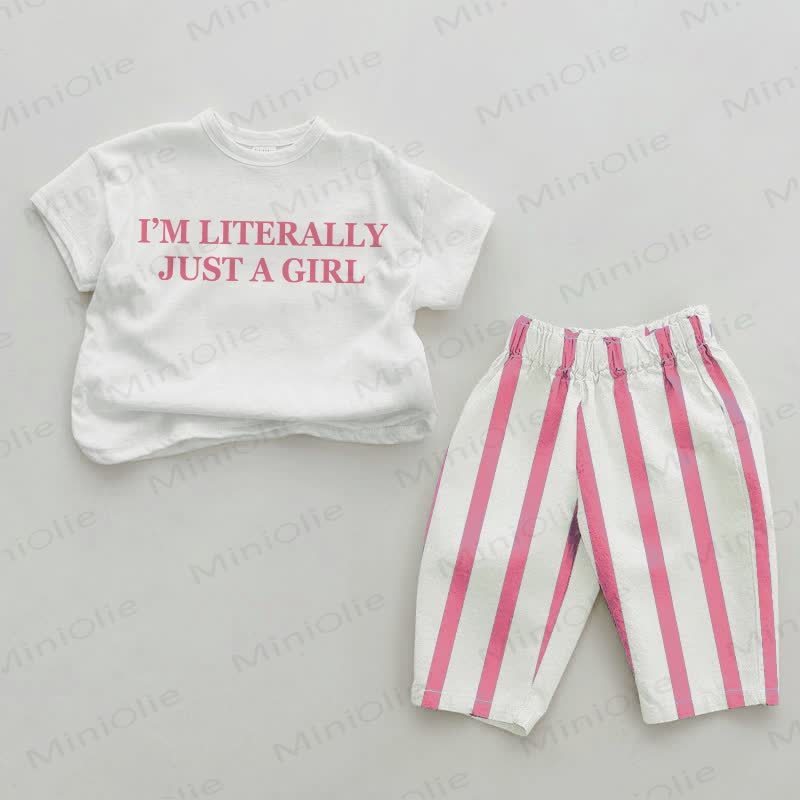 I'M LITERALLY JUST A GIRL Baby Pink Vertical Striped 2-piece Set - White&Pink - 2-3T - image 1