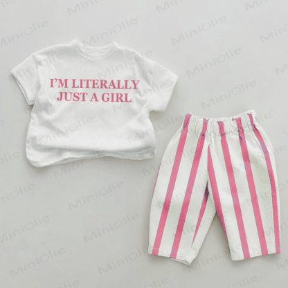 I'M LITERALLY JUST A GIRL Baby Pink Vertical Striped 2-piece Set - White&Pink - 2-3T - image 1