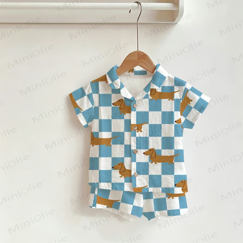 Baby Toddler Blue Check Dog Shirt and Shorts 2-piece Set - White - 3-5T - image 1