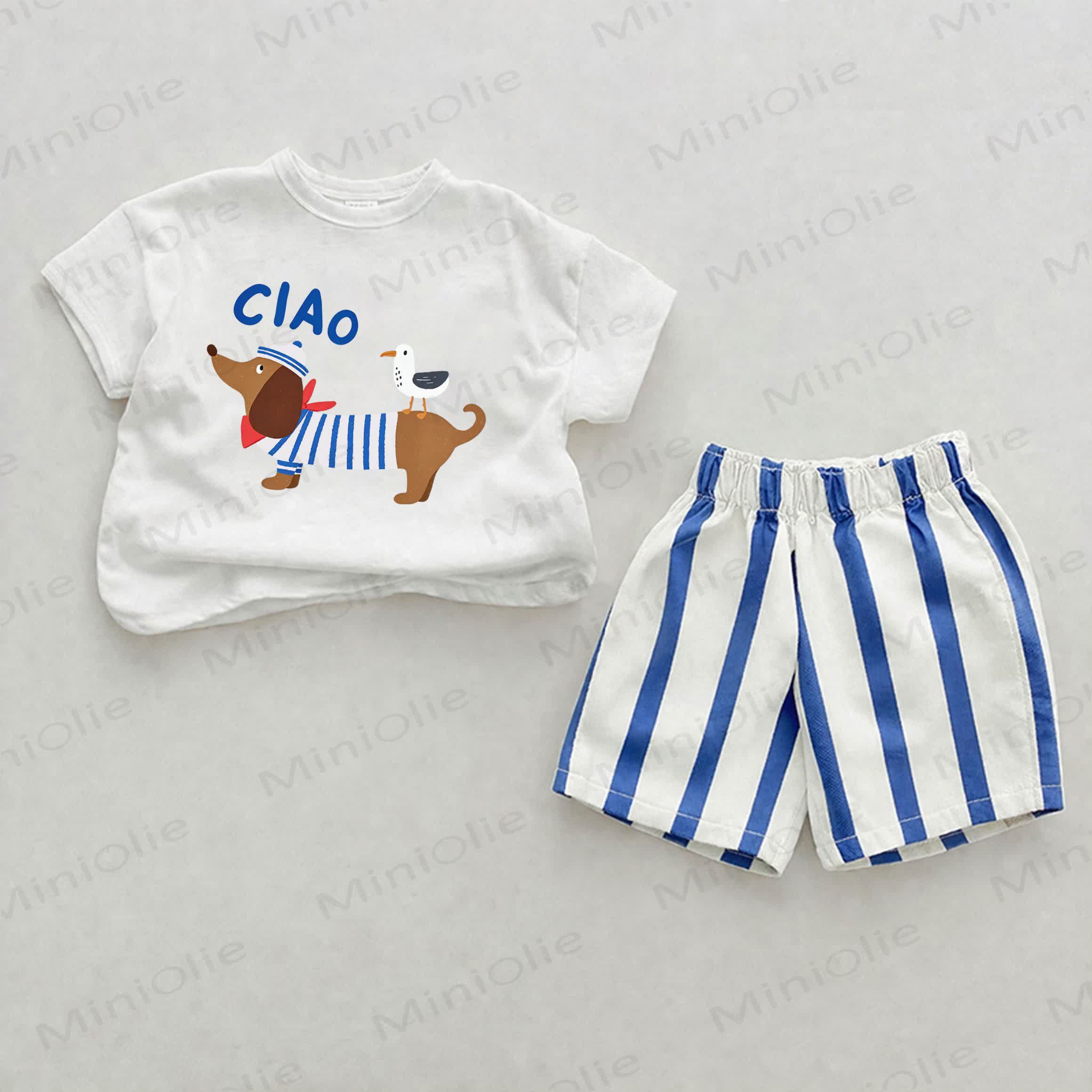 CIAO Baby Blue Dachshund Print Vertical Striped 2-piece Set - White&Blue - 2-3T - image 1