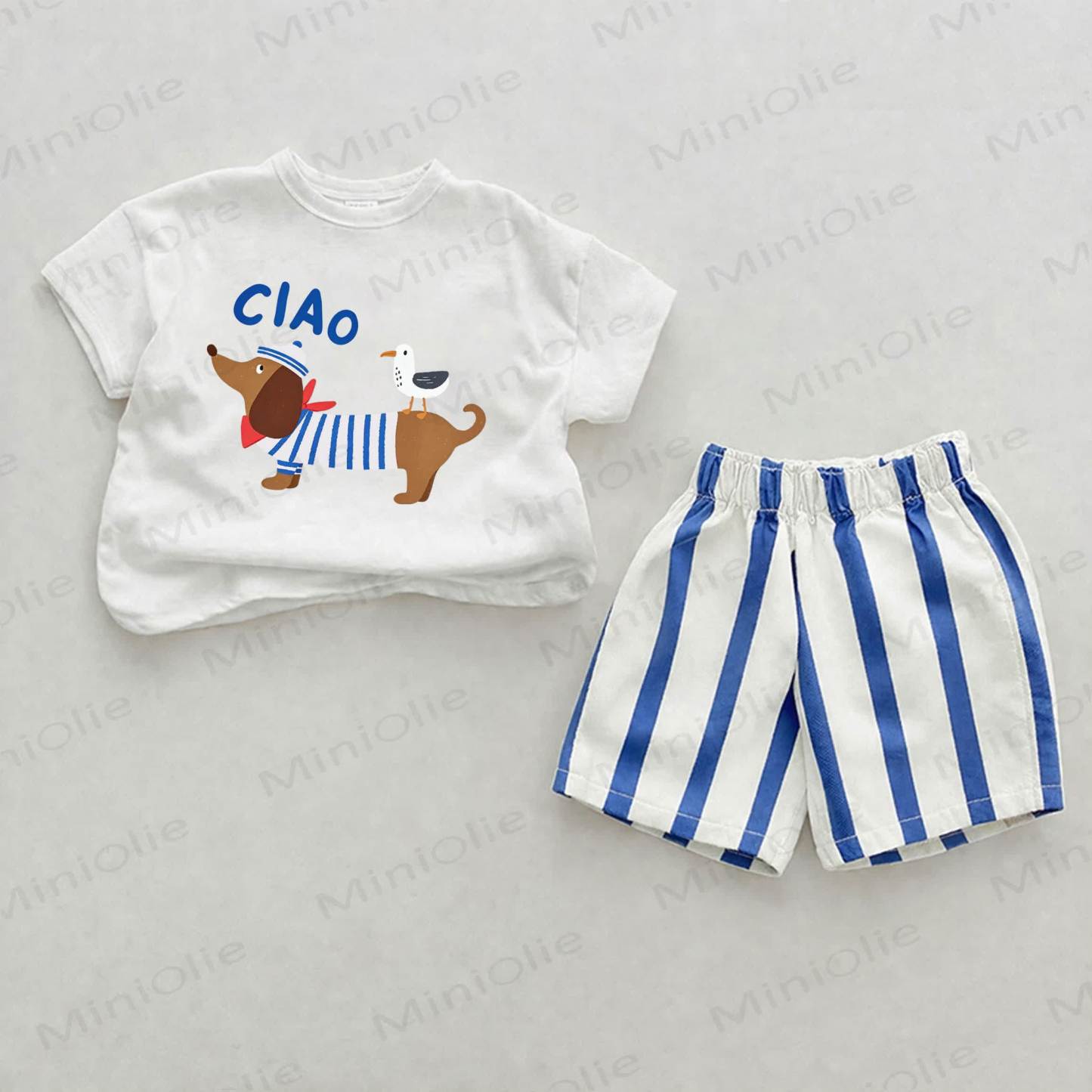 CIAO Baby Blue Dachshund Print Vertical Striped 2-piece Set - White&Blue - 2-3T - image 1