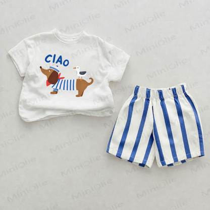 CIAO Baby Blue Dachshund Print Vertical Striped 2-piece Set - White&Blue - 2-3T - image 1