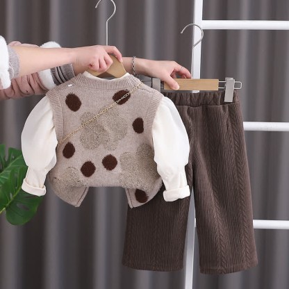 Baby Toddler Girl Dot Flower 3-piece Set - Khaki - 5-7T - image 3