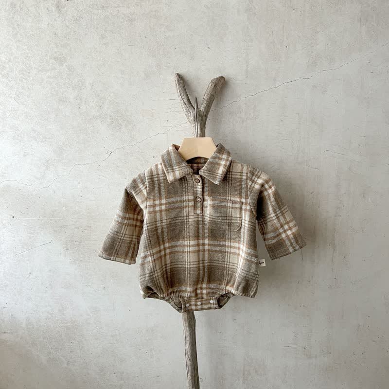 Baby Retro Plaid Lapel Romper/Bodysuit - Khaki Bodysuit - 2-3T - image 19