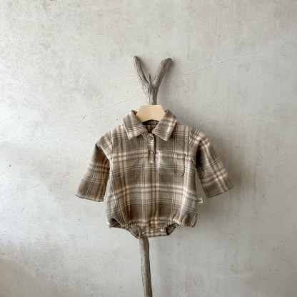 Baby Retro Plaid Lapel Romper/Bodysuit - Khaki Bodysuit - 2-3T - image 19