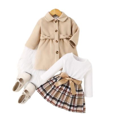 Baby Girl Bow Notched Collar Coat & Check Dress - image 4