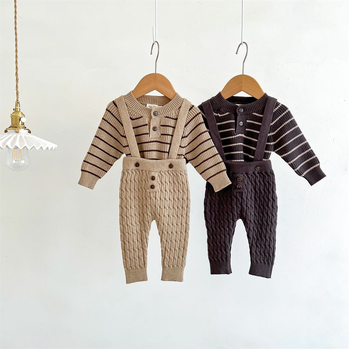 Baby Button Broad-striped Knitted Sweater Overalls