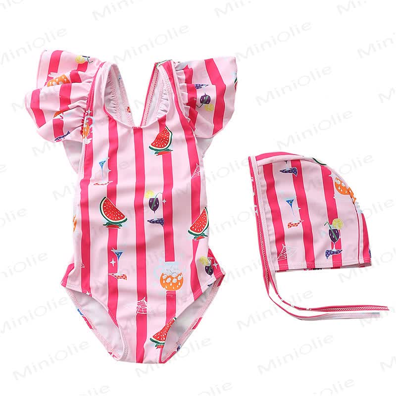 Toddler Girls Striped Plaid Fruit Print Polka Dot Swimwear - Red - 4-5T - image 4