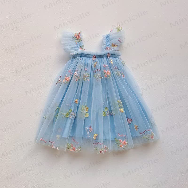 Toddler Girl Flower Mesh Flying Sleeves Dress - Blue - 5-7T - image 9