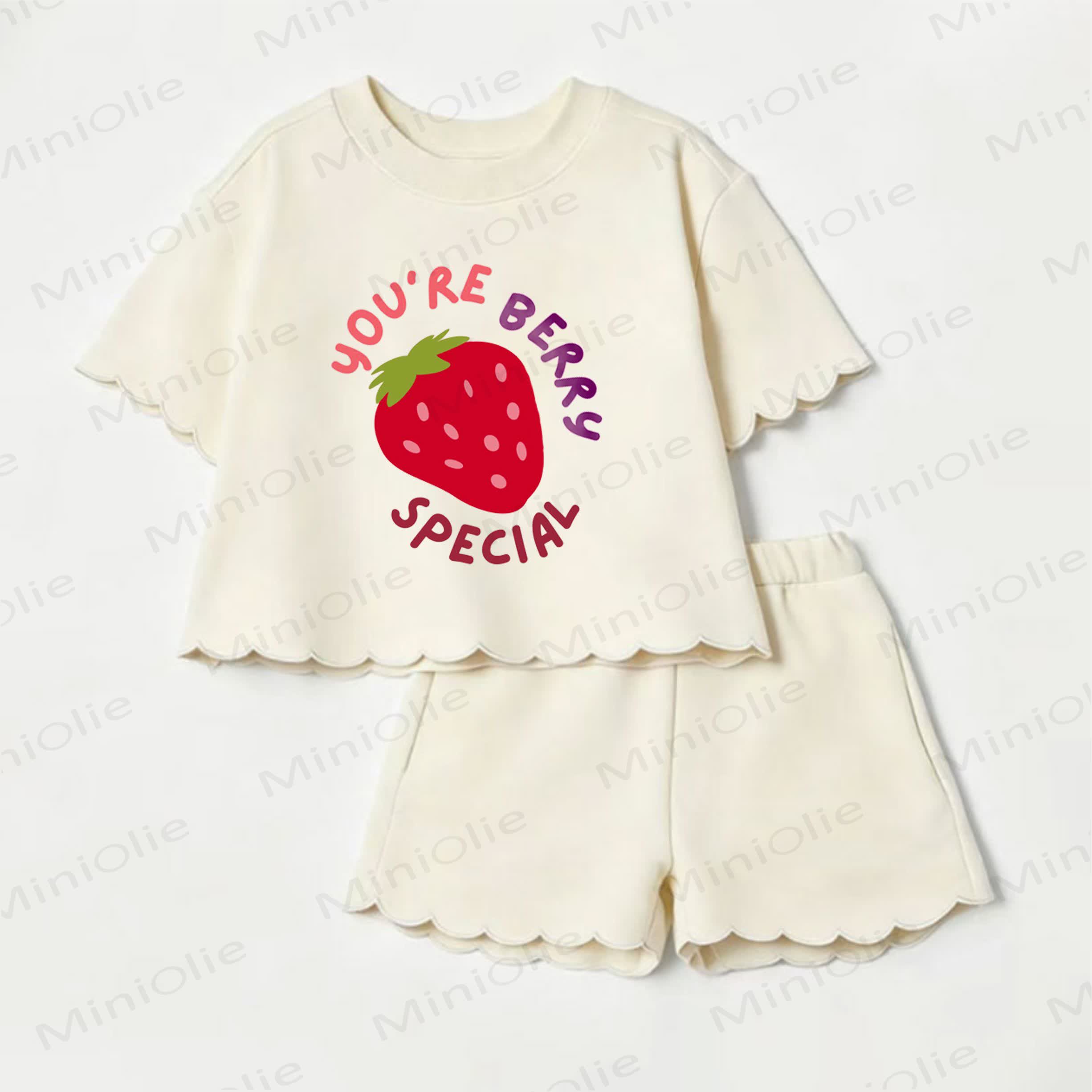 YOU'RE BERRY SPECIAL Baby Strawberry Print Scalloped Edge T-shirt and Shorts 2-Piece Set - Beige - 3-4T - image 1