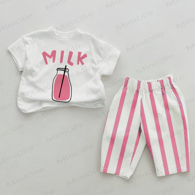 MILK Baby Pink Vertical Striped 2-piece Set - White&Pink - 2-3T - image 1