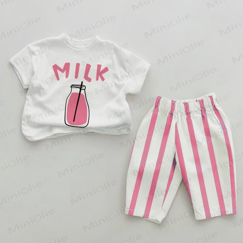 MILK Baby Pink Vertical Striped 2-piece Set - White&Pink - 2-3T - image 1