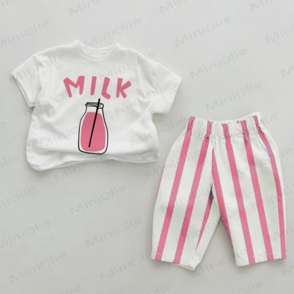 MILK Baby Pink Vertical Striped 2-piece Set - White&Pink - 2-3T - image 1