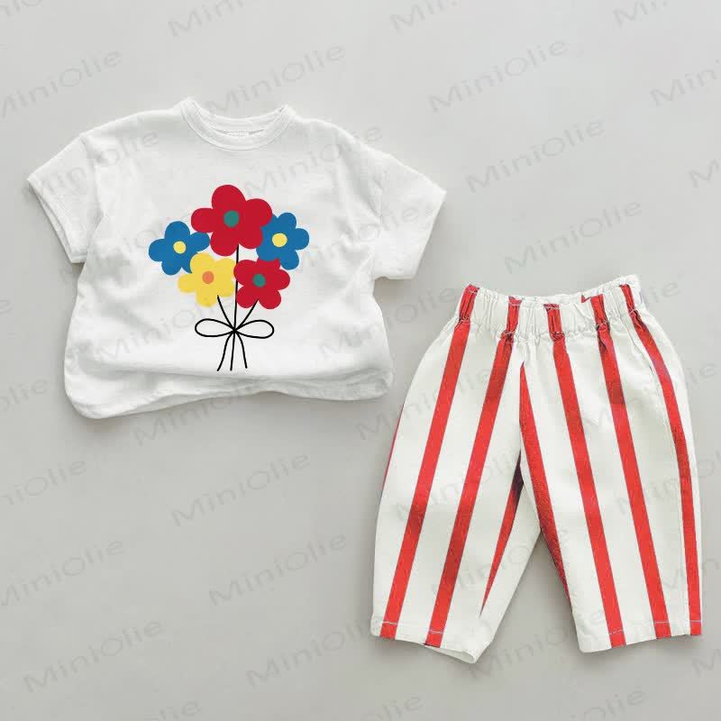 Baby Girls Flower Print Red Striped 2-piece Set - White&Red - 2-3T - image 1
