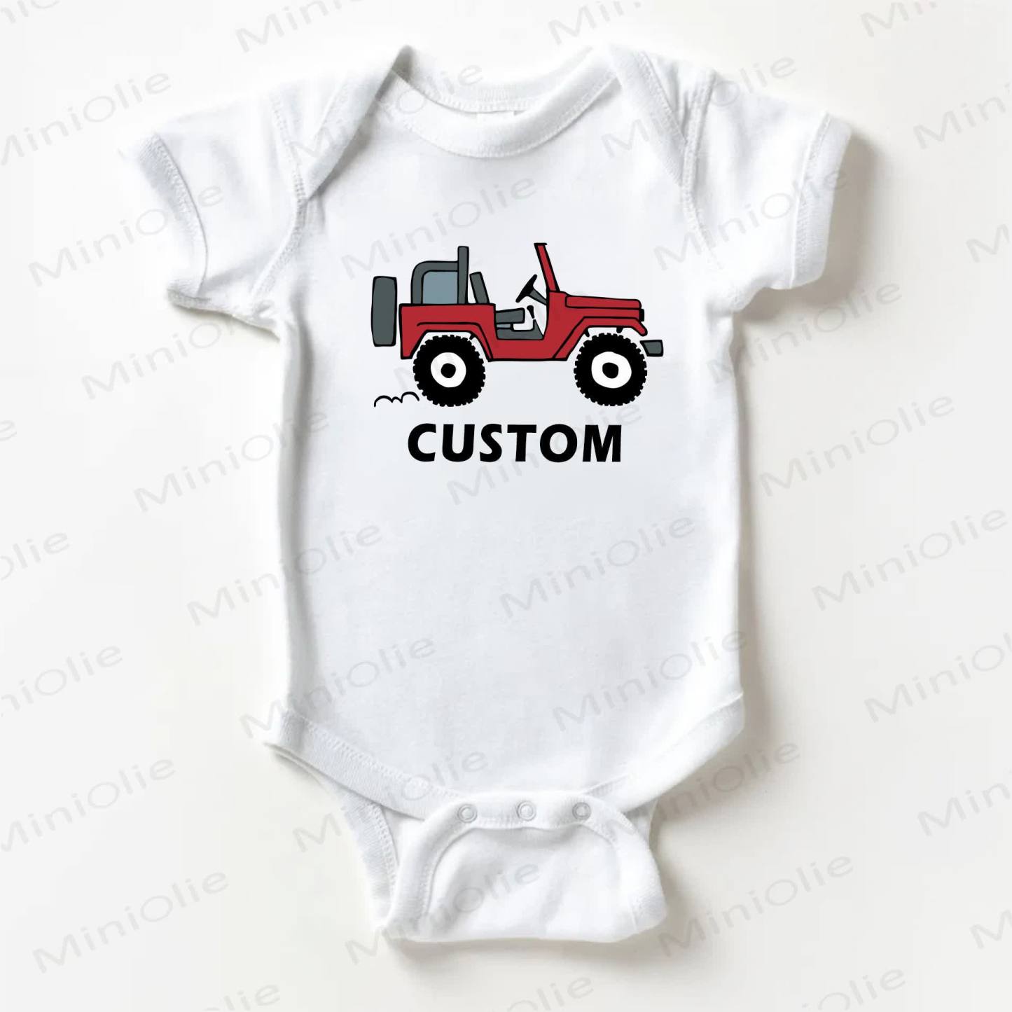 Name Customization Vehicle Print Baby Boys White Bodysuit - image 1