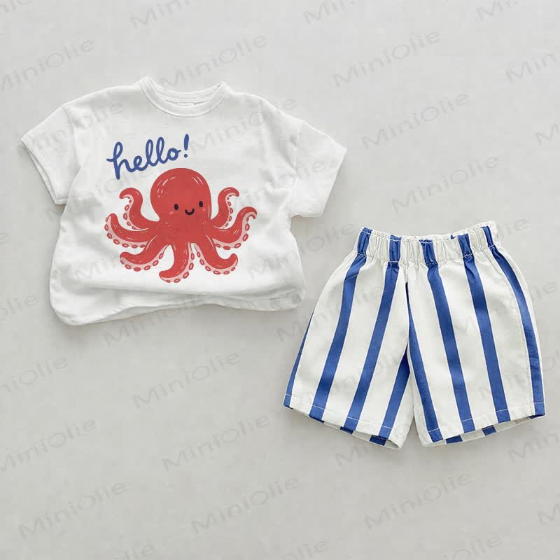 HELLO! Baby Octopus Blue Vertical Striped 2-piece Shorts Set - White&Blue - 2-3T - image 1