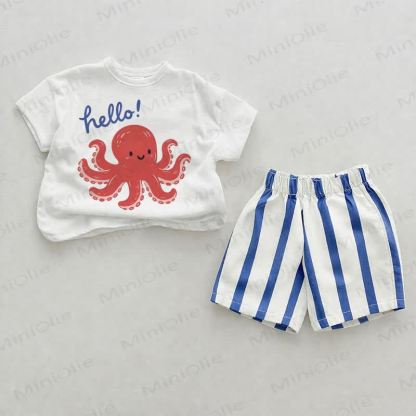 HELLO! Baby Octopus Blue Vertical Striped 2-piece Shorts Set - White&Blue - 2-3T - image 1