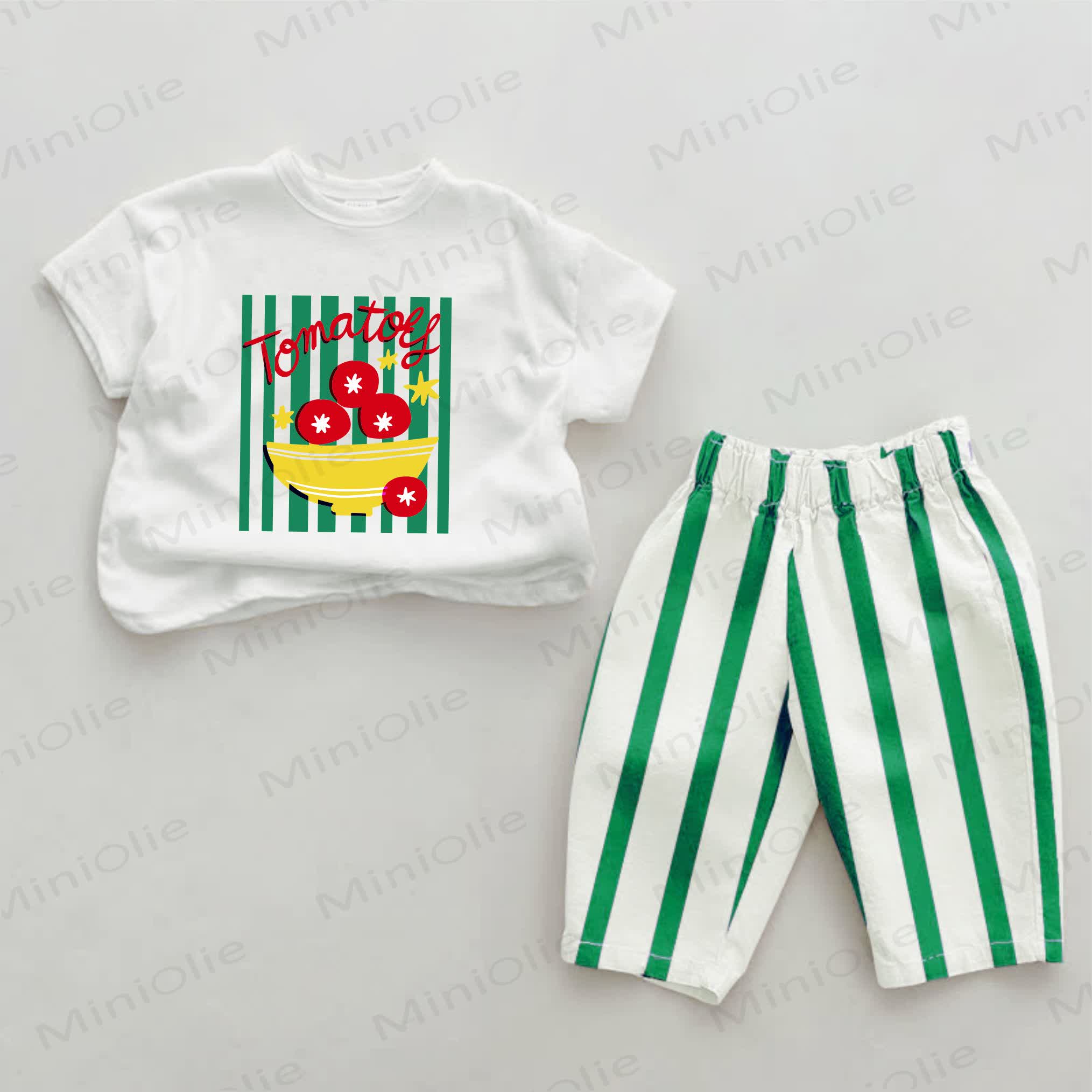 TOMATOES Baby Green Tomato Vertical Striped 2-piece Set - White&Green - 2-3T - image 1
