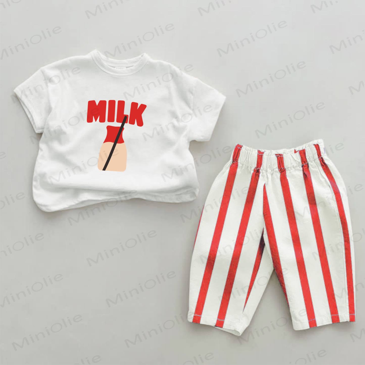MILK Baby Milk Print Red Striped 2-piece Set - White&Red - 2-3T - image 1