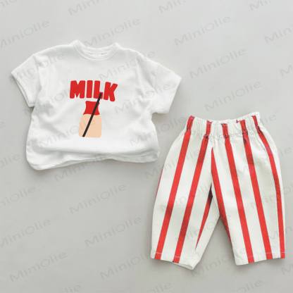 MILK Baby Milk Print Red Striped 2-piece Set - White&Red - 2-3T - image 1