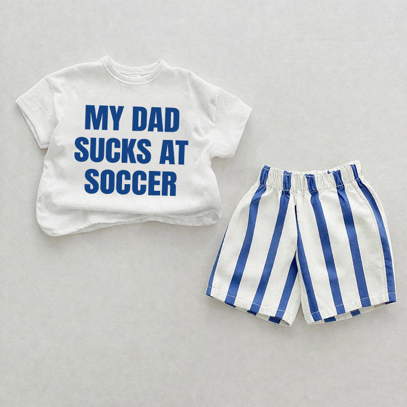 MY DAD SUCKS AT SOCCER Baby Blue Slogan Vertical Striped 2-piece Set - White&Blue - 2-3T - image 1