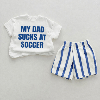 MY DAD SUCKS AT SOCCER Baby Blue Slogan Vertical Striped 2-piece Set - White&Blue - 2-3T - image 1