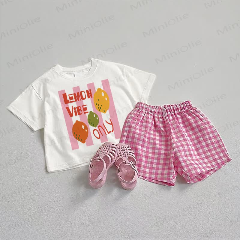 LEMON VIBE ONLY Baby Tee and Plaid Shorts 2-Piece Set - White&Pink - 3-5T - image 1