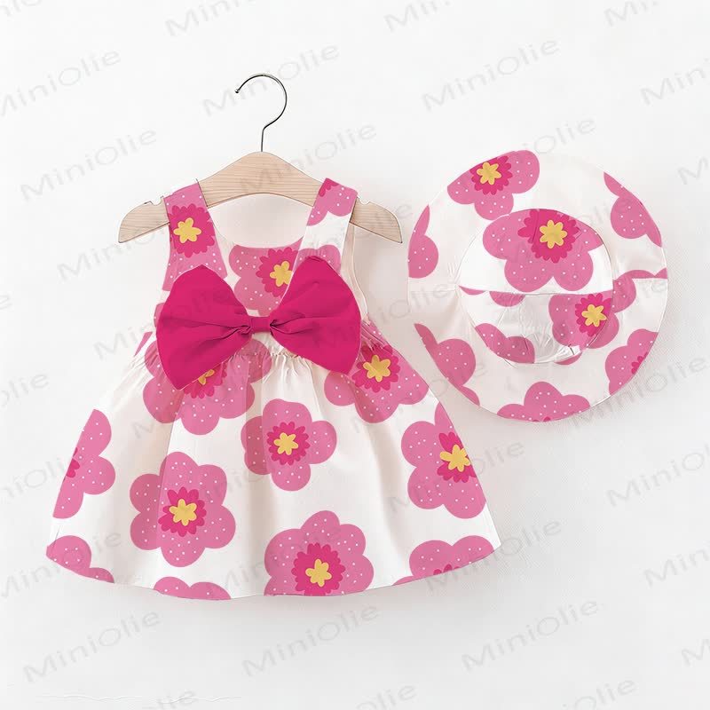 Baby Girl Pink Flowers Bow Dress with Hat - White - 2-3T - image 1