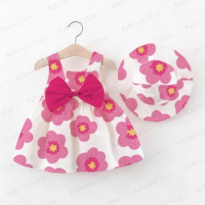 Baby Girl Pink Flowers Bow Dress with Hat - White - 2-3T - image 1